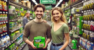 Young couple in Dublin hardware store choosing DIY pest control products
