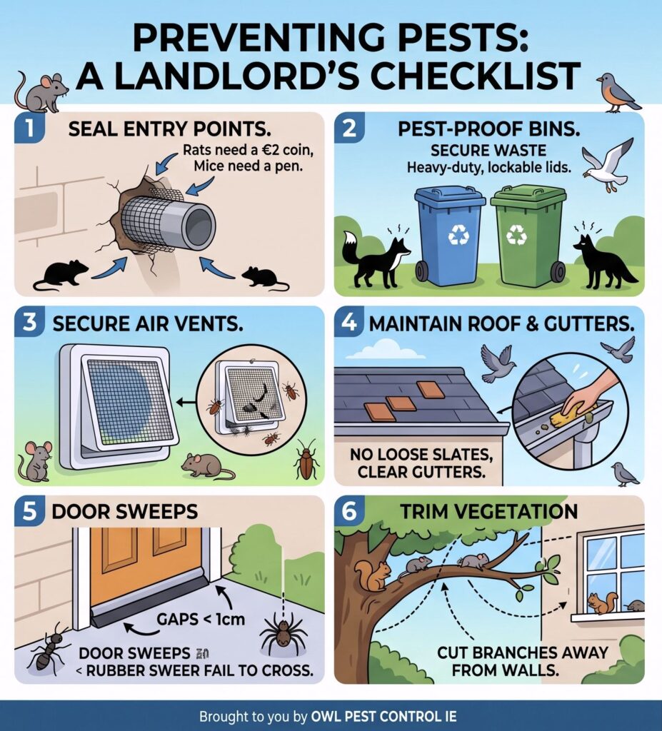 An infographic checklist for landlords & property owners detailing structural pest control requirements like pest-proof bins and sealed entry points