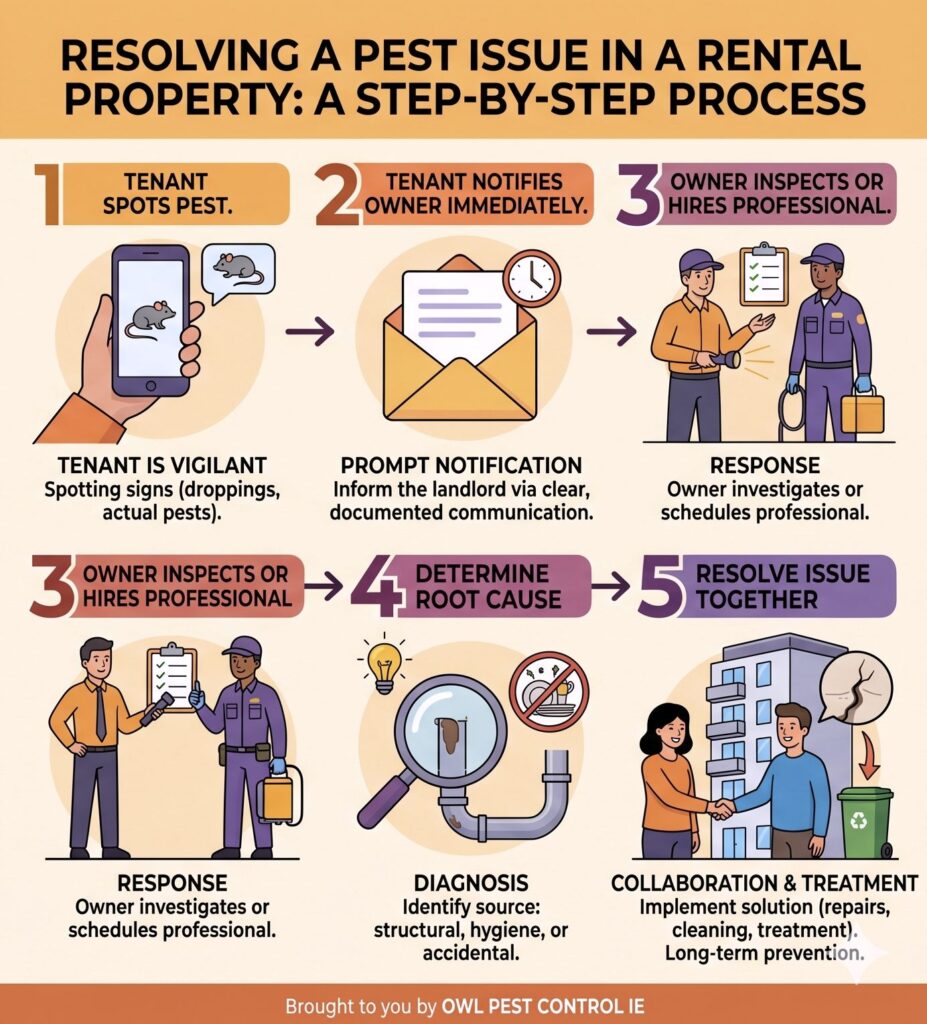A step-by-step flowchart for tenants and landlords showing the correct process for resolving a pest infestation in a rental home